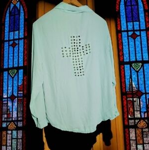 Vintage Studded Cross S Light Blue Green Shirt By Reverse